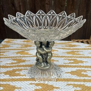 Vintage MCM Hollywood Regency Crystal Compote Centerpiece w Brass Cherubs. 9x10”
